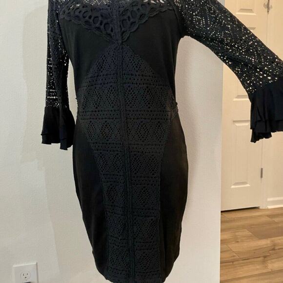 FREE PEOPLE DRESS BODYCON BLACK CROCHET DRESS 3/4 BELL SLEEVES Sz M AESTHETIC - Picture 13 of 16
